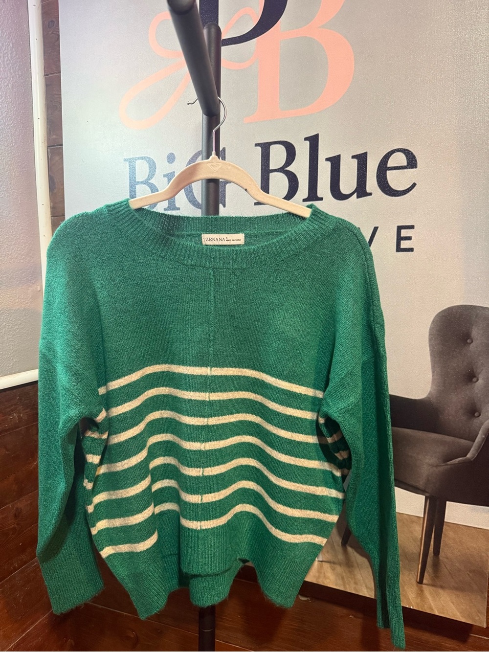 Zenana Outfitters Green Crewneck Sweater with Cream Stripes - Picture 2 of 3